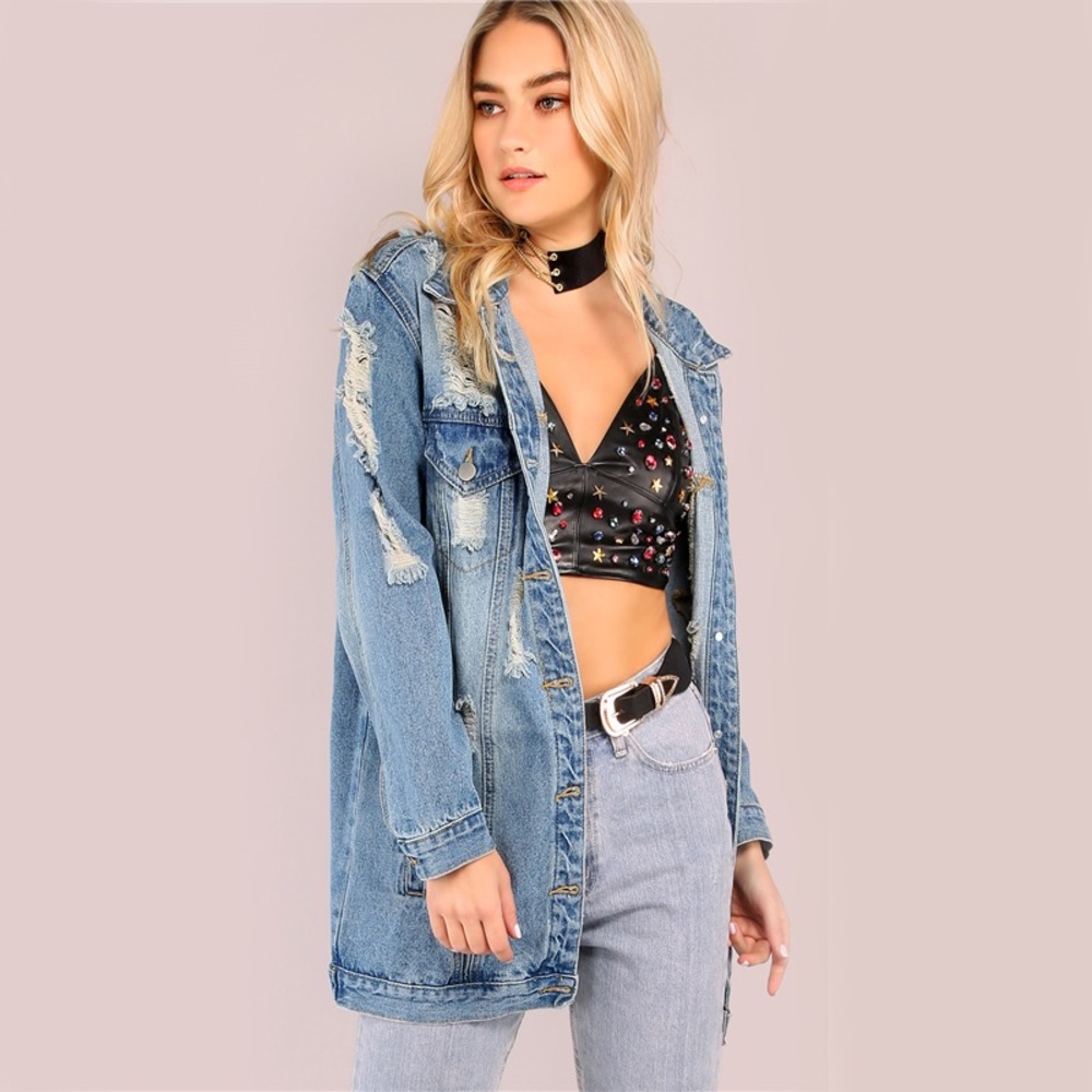 💥 SALE Distressed Faded Denim Boyfriend Jacket - Picture 4 of 4